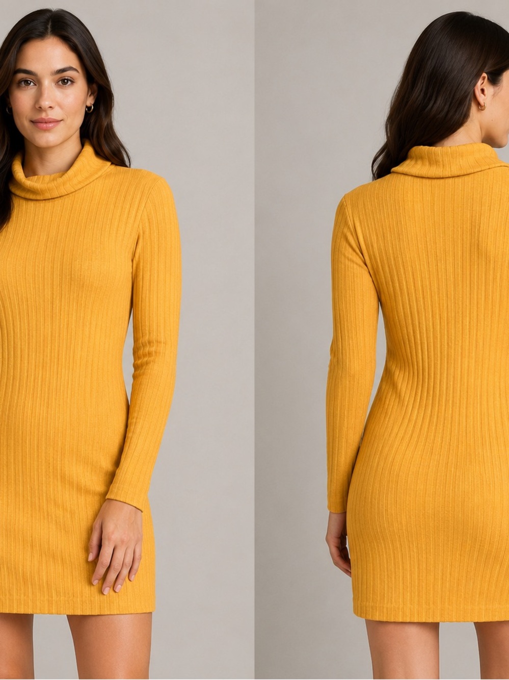 Ribbed Turtleneck Sweater Dress in Mustard
